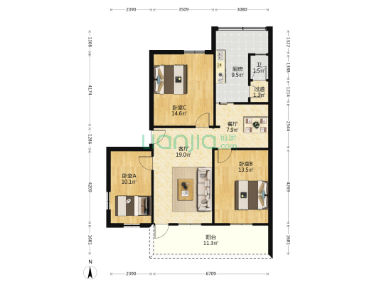 中二北路 3室2厅1卫 113平方