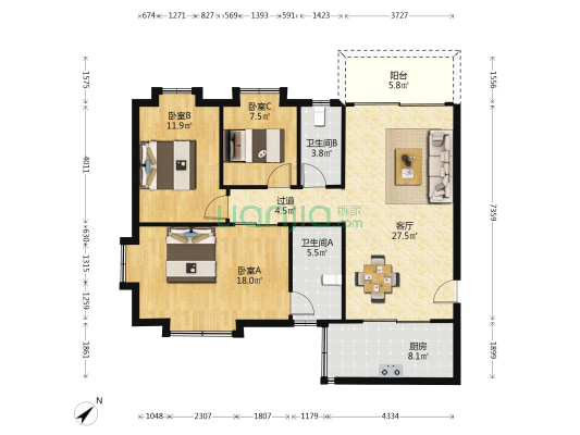 商业总公司职工宿舍 3室1厅2卫 108平方