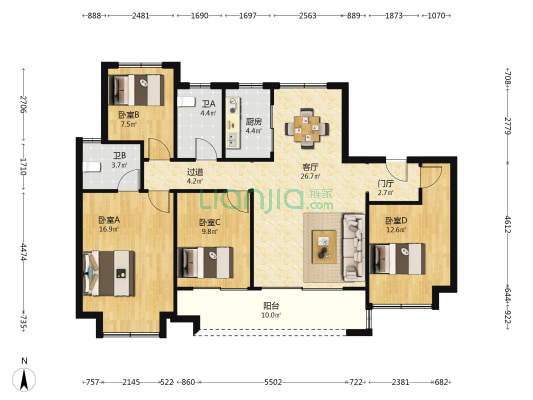 天健云麓府 4室1厅2卫 130平方