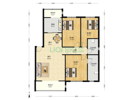万联锦尚花园 3室2厅2卫 155平方