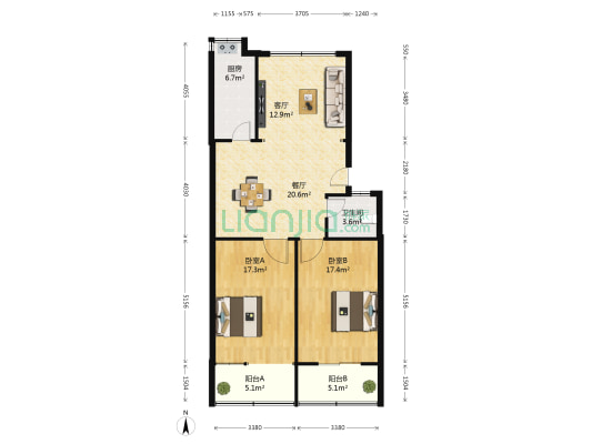天海公寓 2室2厅1卫 106平方