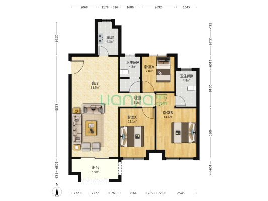 石榴玉兰华府 3室1厅2卫 121平方