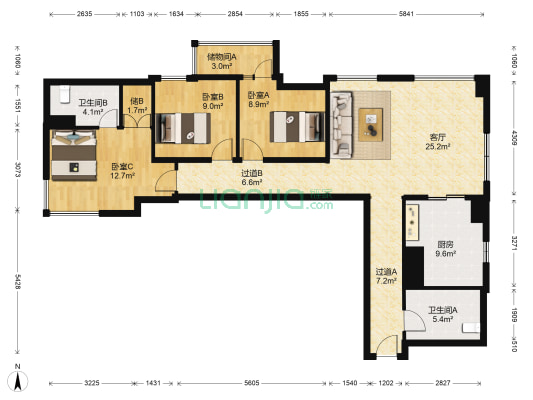 乐天圣苑 3室1厅2卫 155平方