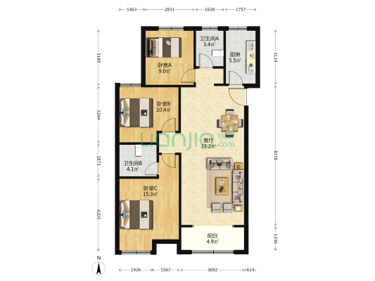 星尚雅苑 3室1厅2卫 115平方