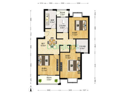 华夏茗苑(一期) 3室1厅2卫 96平方