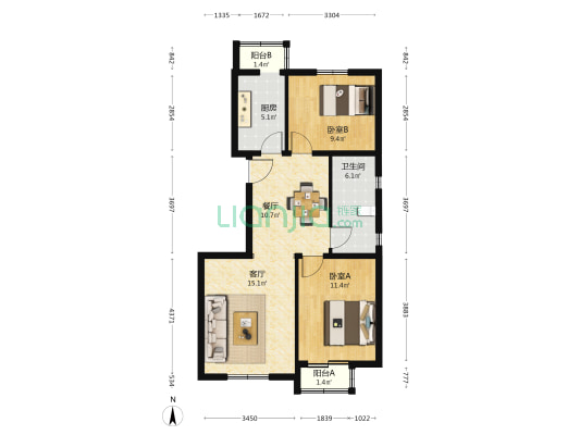 三合北巷7号院 2室2厅1卫 84平方