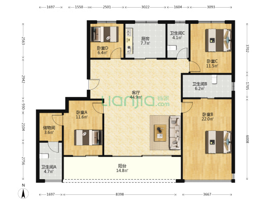 宸鹭香舍 4室1厅3卫 168平方