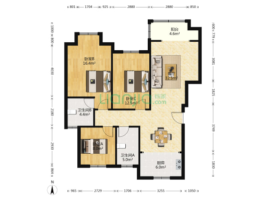 恒泰山水文园 3室1厅2卫 110平方