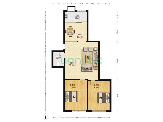 腰路堤46到47号 2室2厅1卫 106平方