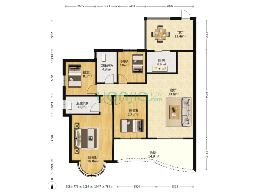 广物滨江帝景Ⅱ期 4室1厅2卫 146平方