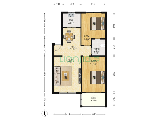 太阳岛小区 2室2厅1卫 92平方