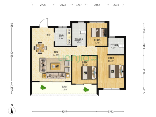 名辰学府 3室1厅2卫 118平方