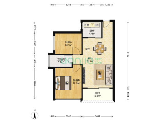 鸿泰海半山 2室1厅1卫 76平方