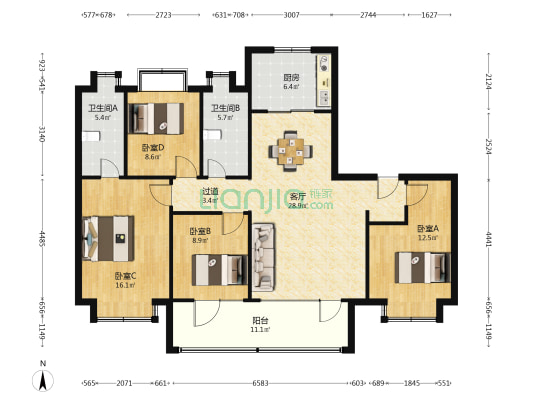 金地大成汇文府 4室1厅2卫 143平方
