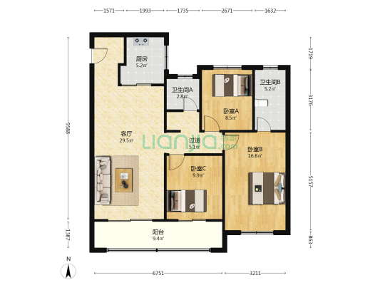 德信未来之翼 3室1厅2卫 116平方