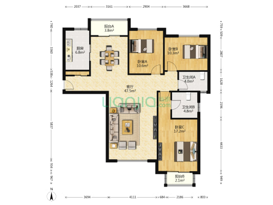 四季风景 3室1厅2卫 147平方