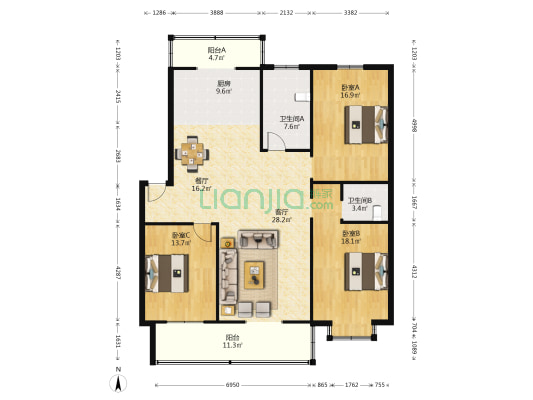 大东花苑小区 3室2厅2卫 210平方