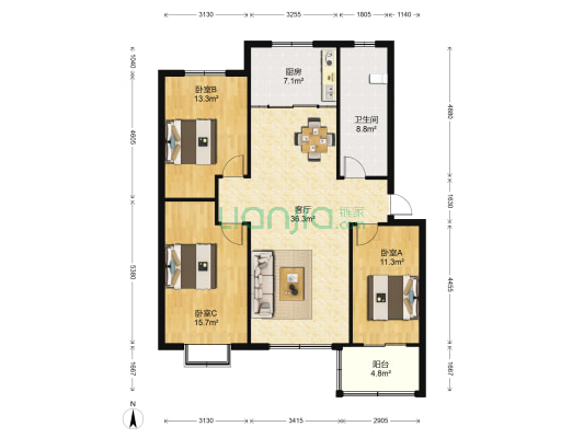 十甲花园B区 3室1厅1卫 124平方