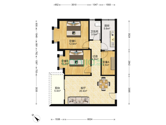 龙隐花园 3室1厅1卫 78平方