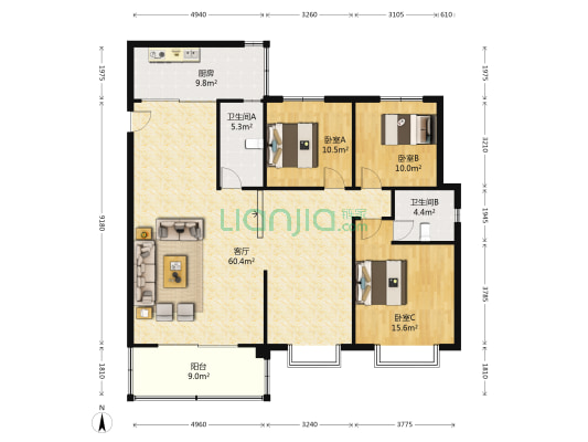 建工职院小区 3室1厅2卫 155平方