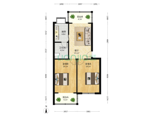 工行江南支行宿舍 2室1厅1卫 72平方