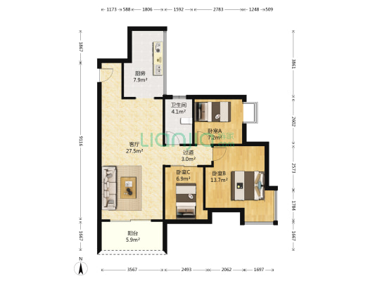 亿达华庭 3室1厅1卫 92平方