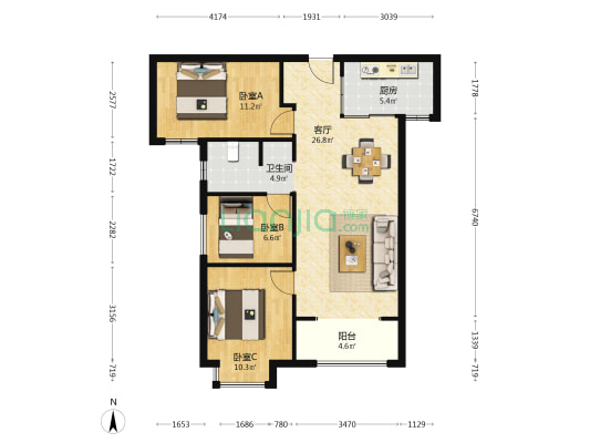 阳光城尚东湾嘉林苑 3室1厅1卫 100平方
