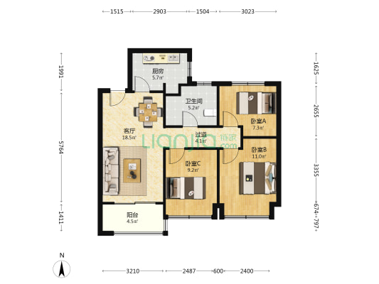 江畔月明府 3室1厅1卫 89平方