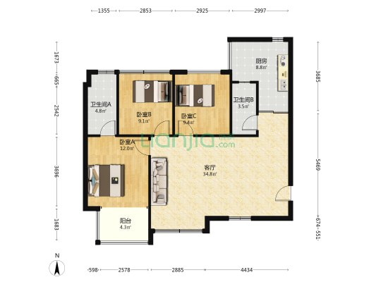 空港陆号 3室1厅2卫 98平方