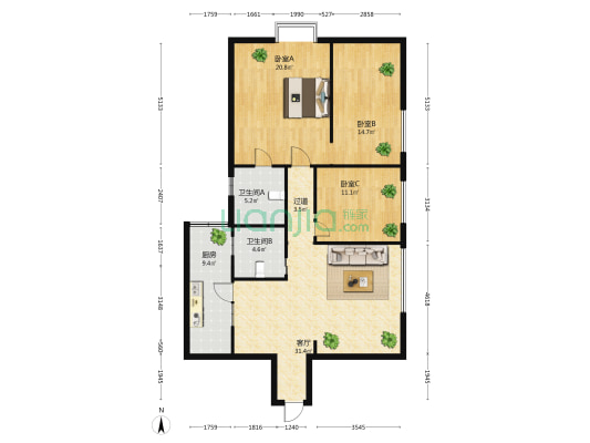 金碧馨园 3室1厅2卫 124平方
