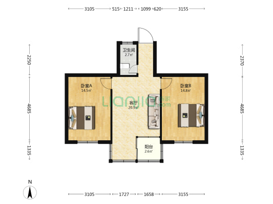 阜王路建行家属院 2室1厅1卫 65平方
