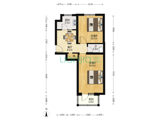 器件所宿舍 2室1厅1卫 53平方