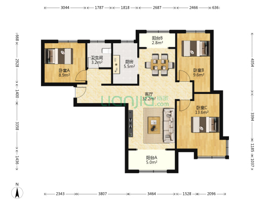 中铁逸都兰庭南区 3室1厅1卫 113平方