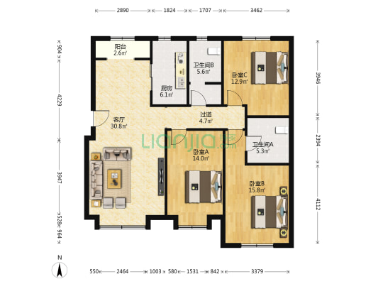 宜禾美嘉园 3室1厅2卫 127平方
