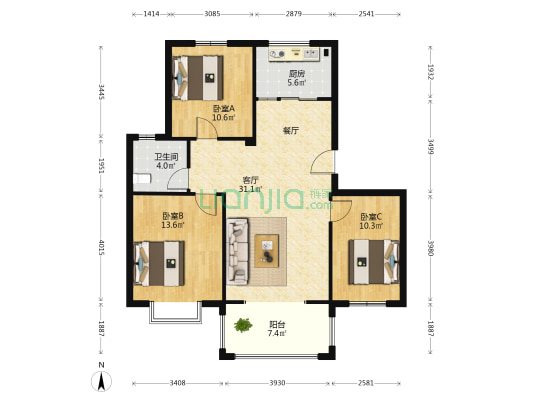 高盛汉郡 3室1厅1卫 108平方