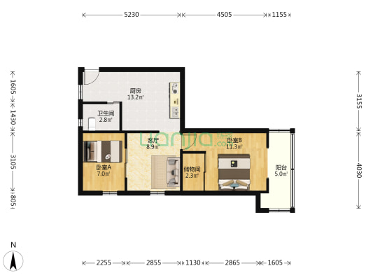 中山北路369号 2室1厅1卫 65平方