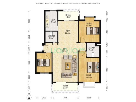 时代风华2期 3室2厅2卫 106平方