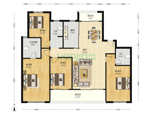 长沙润府B区 4室1厅3卫 188平方