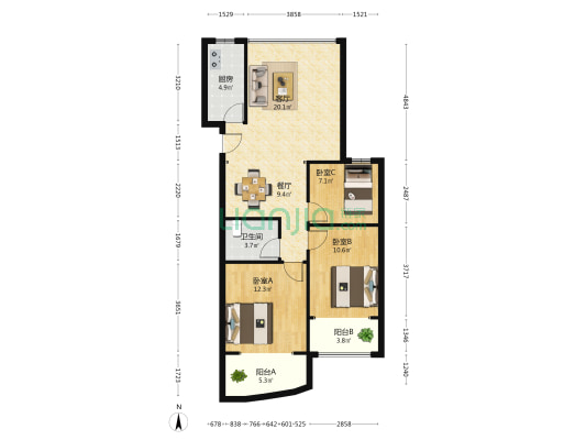 华林国际公馆 3室2厅1卫 110平方