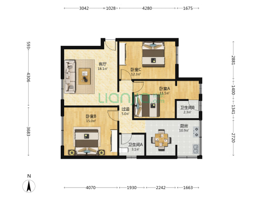 抚琴西路226号 3室1厅2卫 85平方