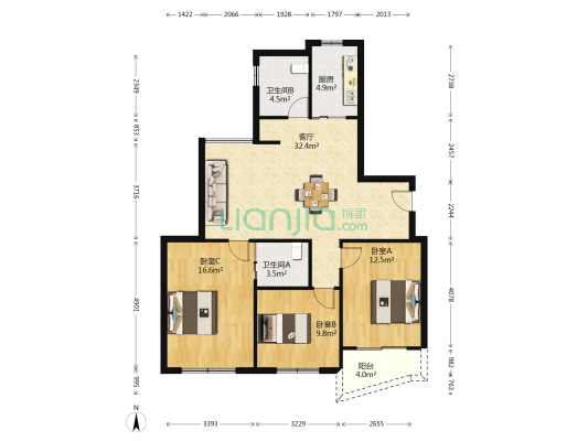 南洋绿都公寓 3室1厅2卫 122平方