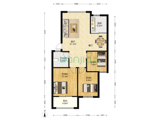 鲁发名城德胜郡 3室1厅1卫 103平方