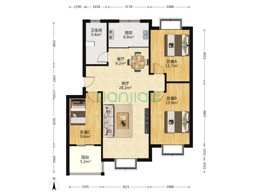 龙喜花苑南区 3室2厅1卫 114平方