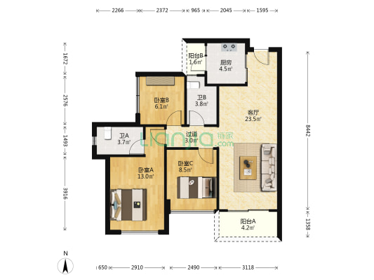 龙光玖悦台 3室1厅2卫 90平方
