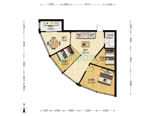 农机公司宿舍 3室2厅1卫 52平方