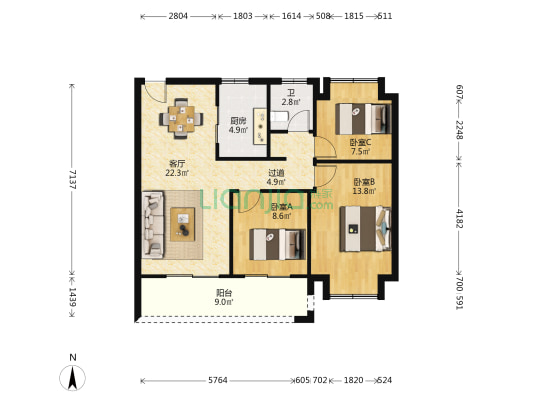 卓越府 3室1厅1卫 100平方