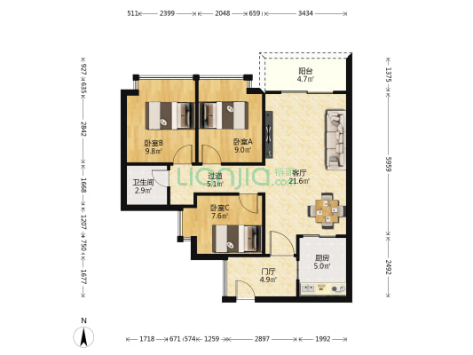 东实旗云花园 3室1厅1卫 82平方