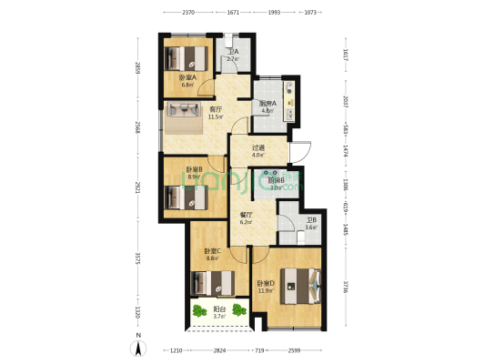 江南悦宜园 4室2厅2卫 88平方