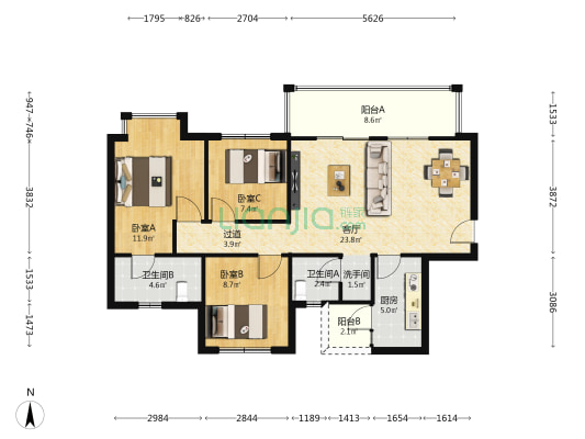 兴唐悦府一期 3室1厅3卫 102平方