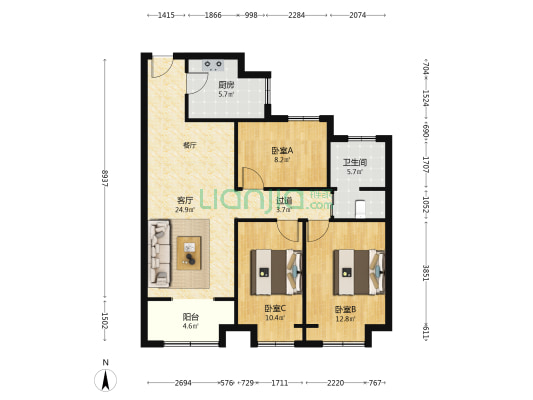 万福家园 3室1厅1卫 103平方